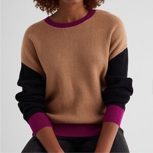 Express Colorblock Drop Shoulder Black Tan Purple Sweater